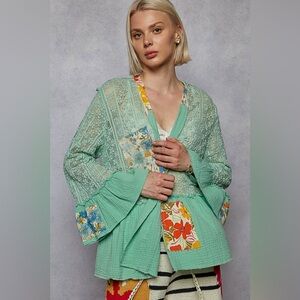 POL Mint Green Floral Patchwork Cardigan